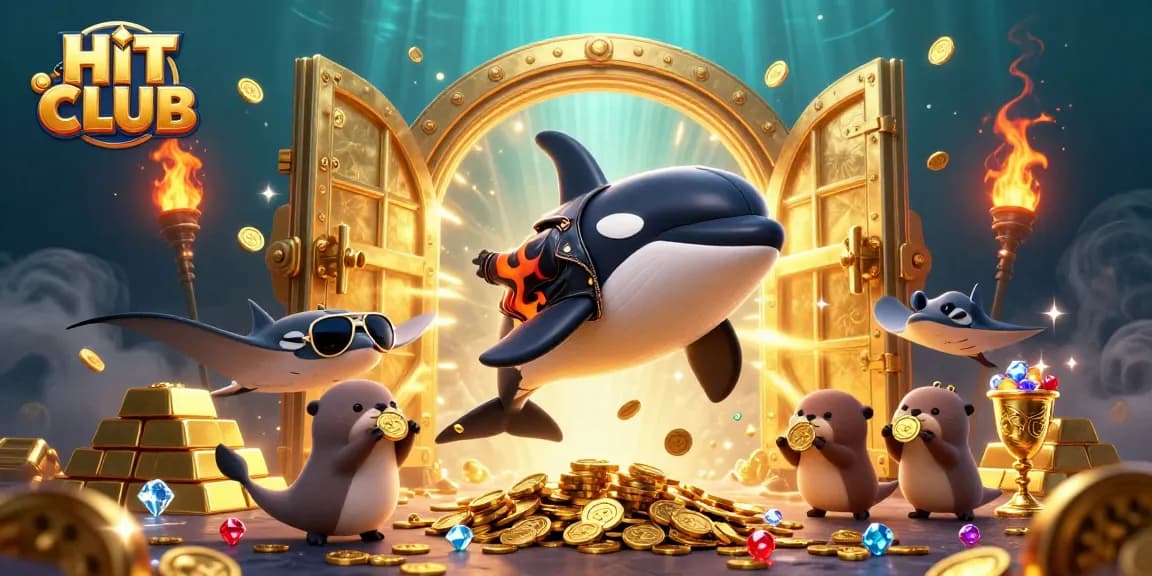 Experience the HIT CLUB excitement with vibrant characters and golden treasure in a dynamic casino scene.