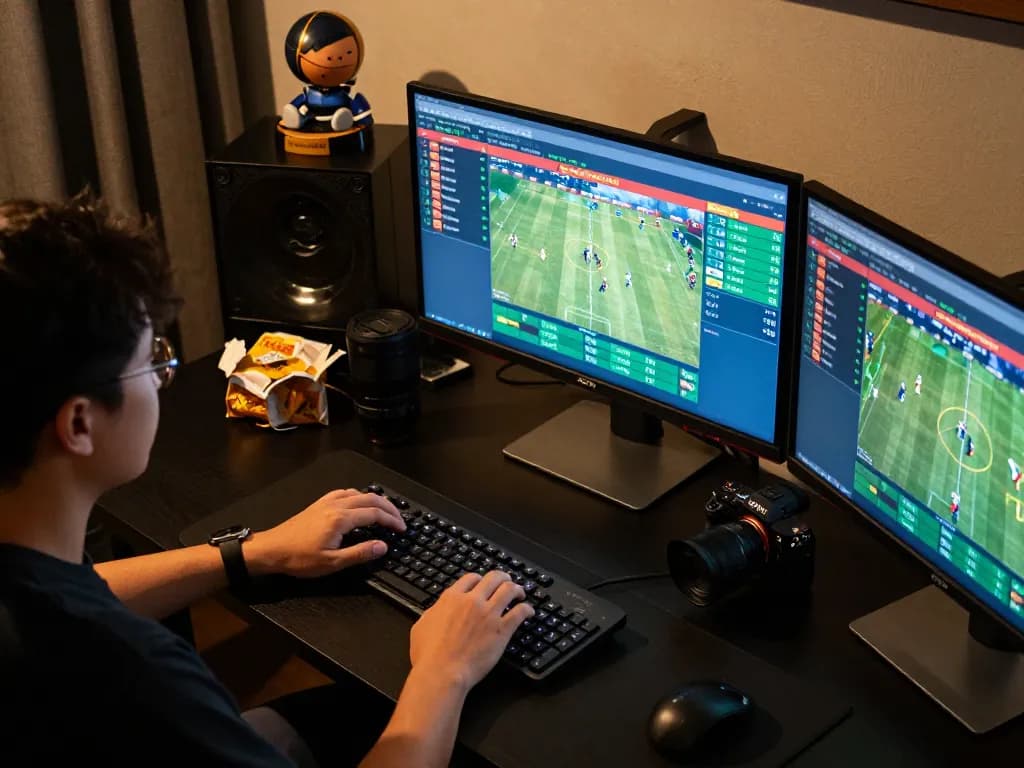 Active sports betting session showcasing kèo nhà cái with multiple screens highlighting live odds and strategic betting.