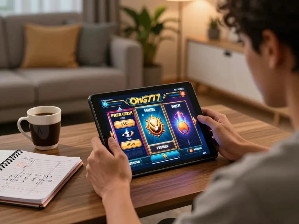 Experience online slots with free credit at Ong777 in a cozy home gaming setup with vibrant screens