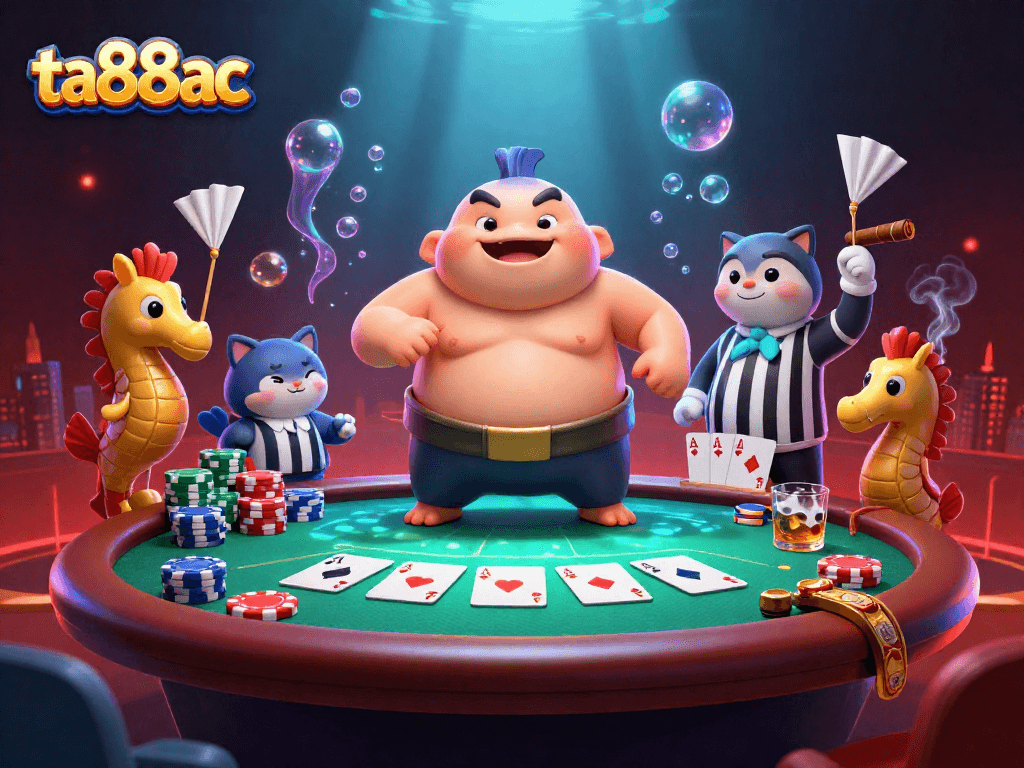Engage in ta88ac casino action with a vibrant underwater poker scene featuring a fugu, catfish, and seahorse.