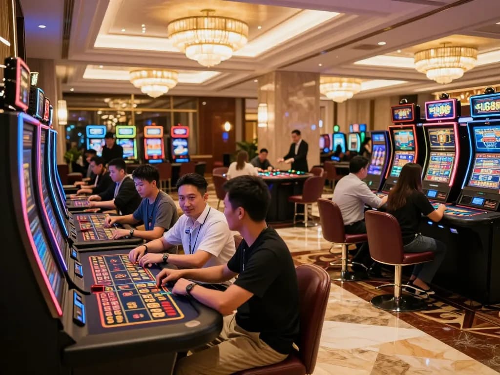 Experience excitement at five88 in a vibrant casino lobby filled with engaged players and slot machines.