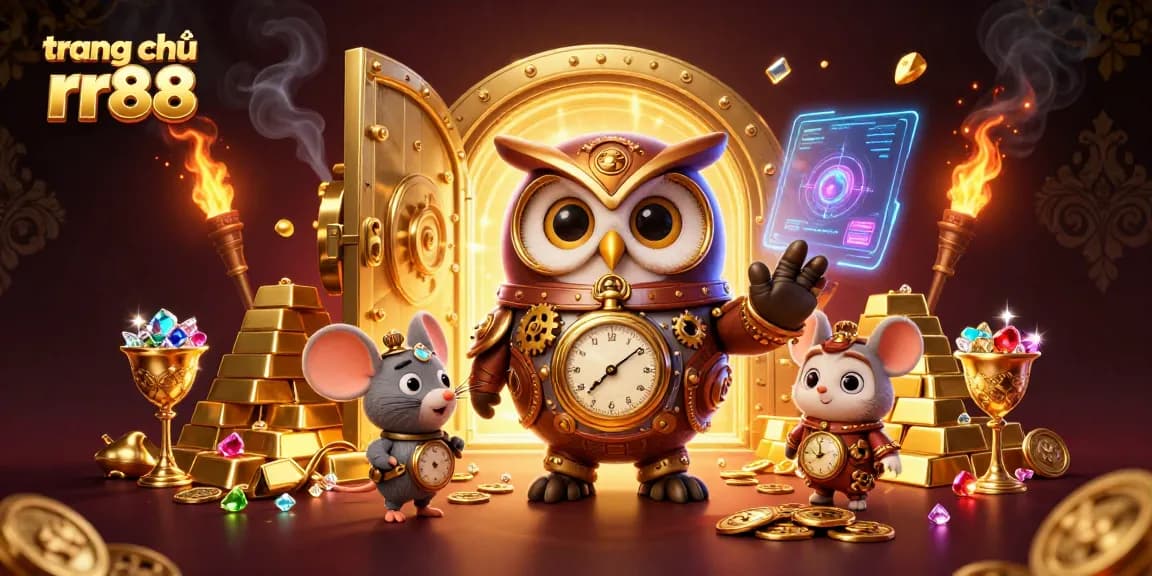 Experience the thrill of winning at trang chủ rr88 with this vibrant 3D illustration showcasing a steampunk owl and treasure elements.