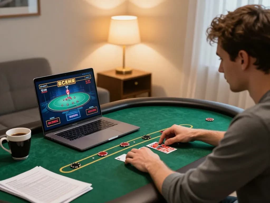 Engaging in online poker on 11bet with strategy notes and warm ambiance