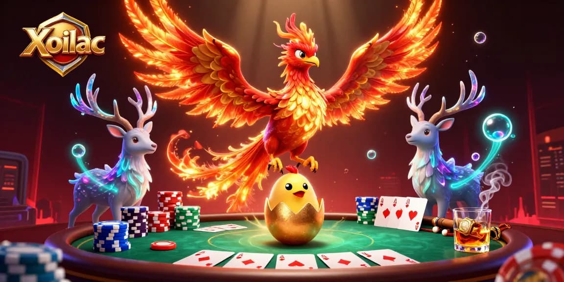 Xoilac action scene with vibrant phoenix, poker elements, and dynamic casino atmosphere.