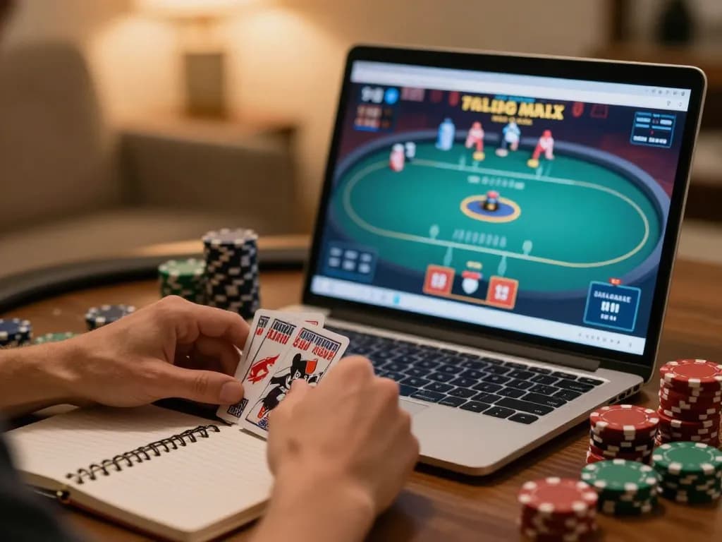 LAPAK303 online poker player analyzing cards in a cozy home environment.