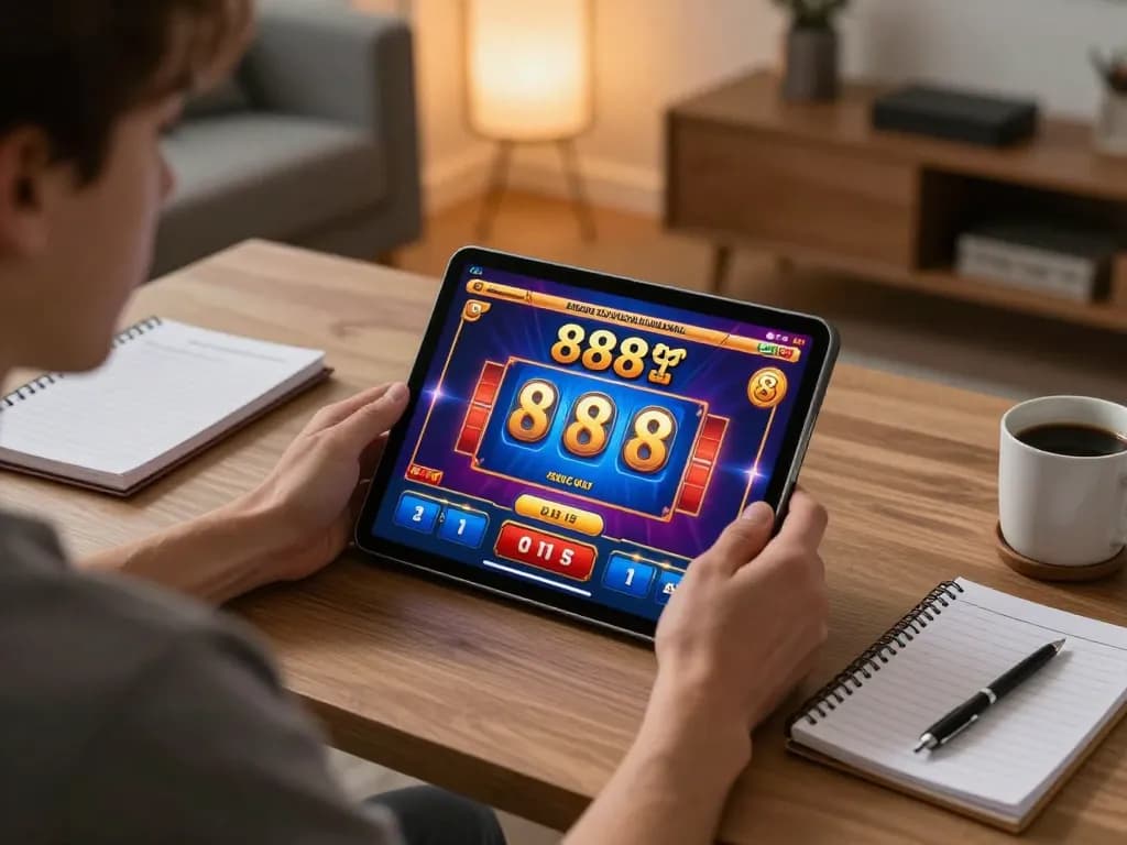 Engaging in the 888slot game on a tablet with vibrant graphics, cozy home office atmosphere.