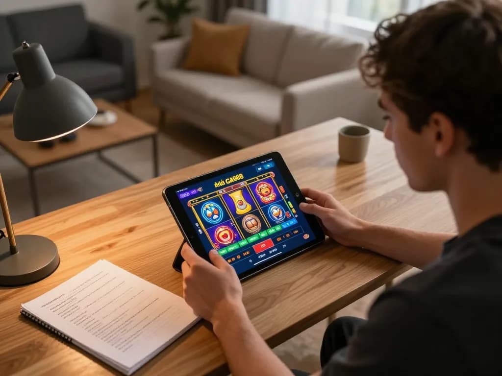 Online gaming user engaging with nhà cái GA88 app on tablet, showcasing vibrant casino atmosphere