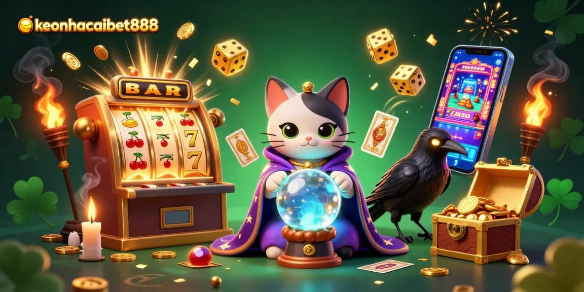 Engage with keonhacaibet888 through a captivating 3D casino scene featuring a mystical fortune teller and dynamic game elements.