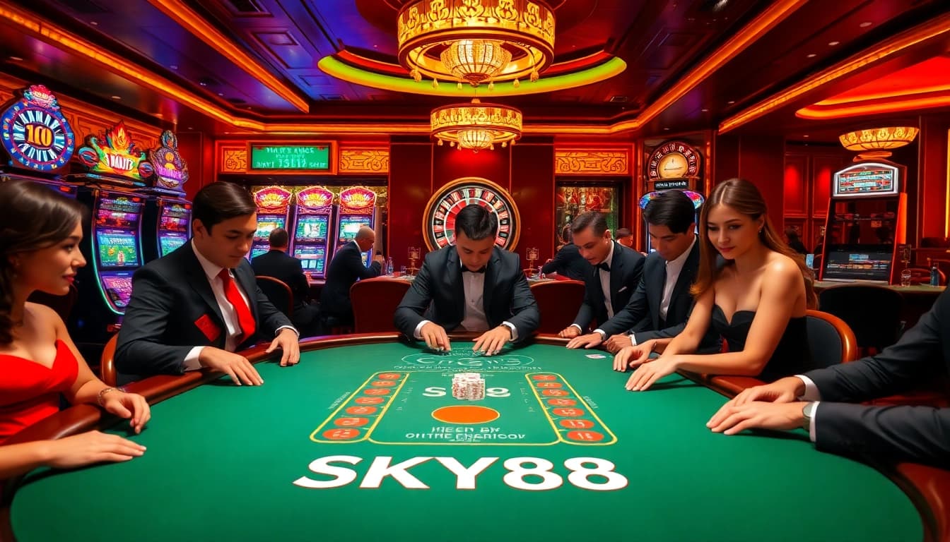 Players at a luxurious poker table enjoying their SKY88 gaming experience in a vibrant casino.