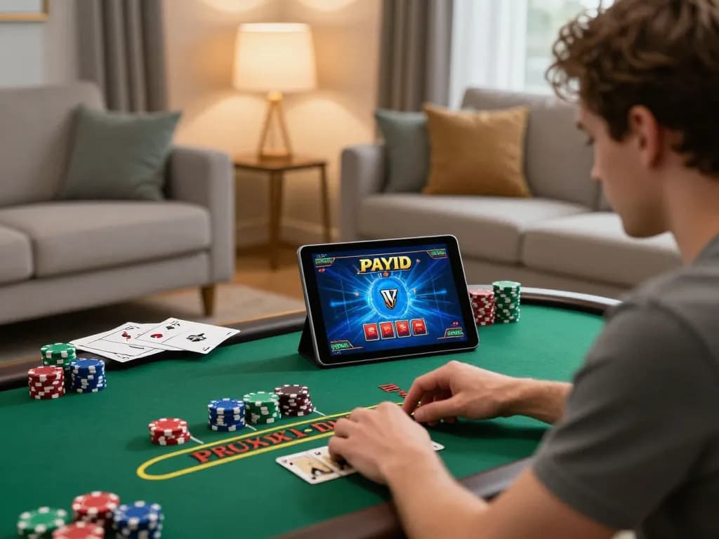 Engaged player enjoying payid pokies australia on tablet in cozy living room, focusing on online gaming.
