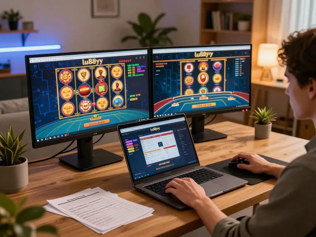 Engaging setup for lu88yy online gaming with multiple screens displaying casino games and strategy notes