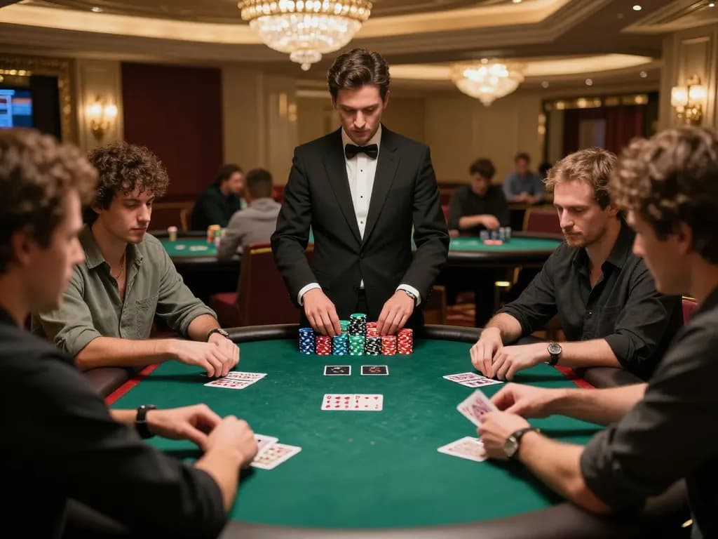 Players engaging in a strategic poker game at vk88 casino, dynamic atmosphere with vibrant chips and intense focus.