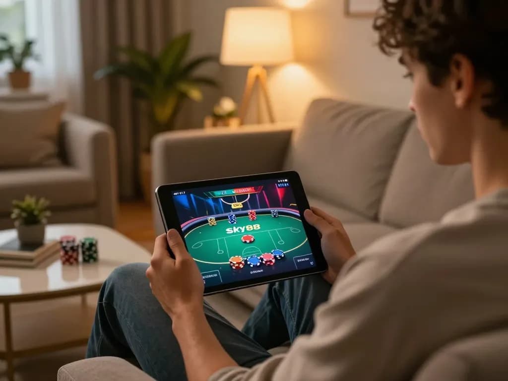 Playing poker online on the sky88 platform in a cozy home setting with tablet and gaming strategy notes.