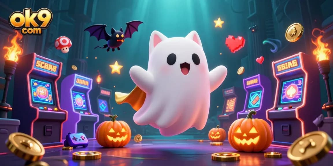 Explore the exciting world of ok9 com, featuring a ghost cat and vibrant casino elements.