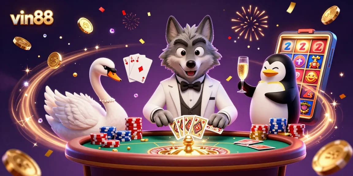 Experience thrilling wins at vin88 with a dazzling casino scene featuring a wolf, swan, and penguin.