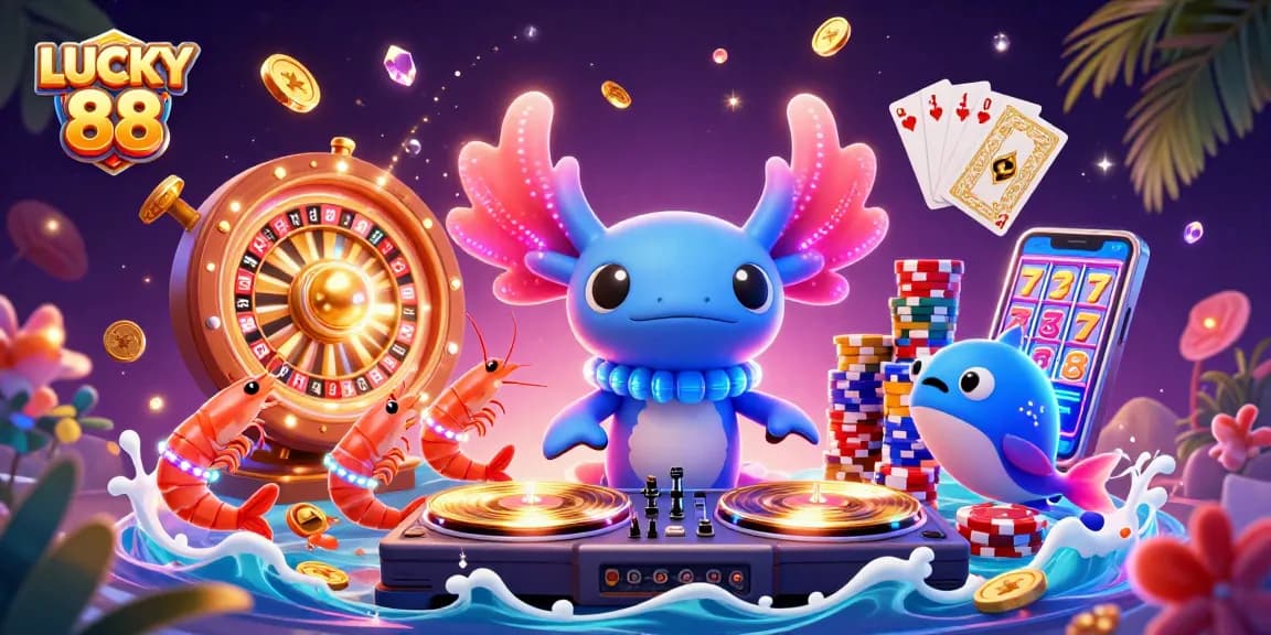 Spin and win with LUCKY 88, vibrant 3D casino illustration showcasing dynamic characters and action.