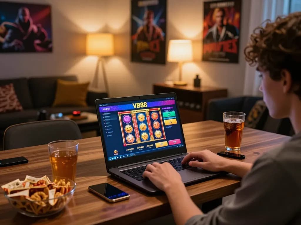 Player engaging with online casino on VB88 platform with vibrant graphics and cozy ambiance.