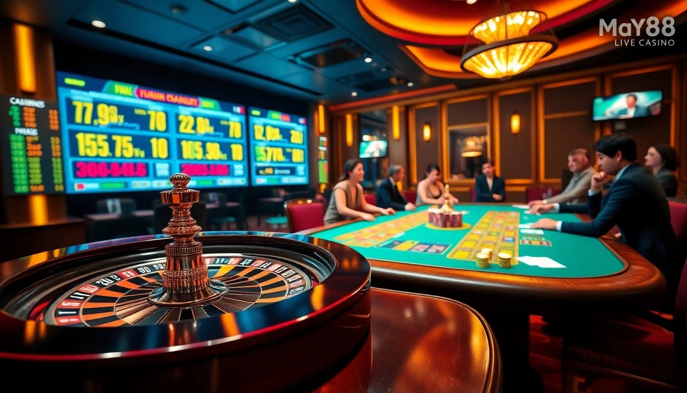 MAY88 live casino experience with poker tables, roulette wheels, and happy players in a luxurious setting.