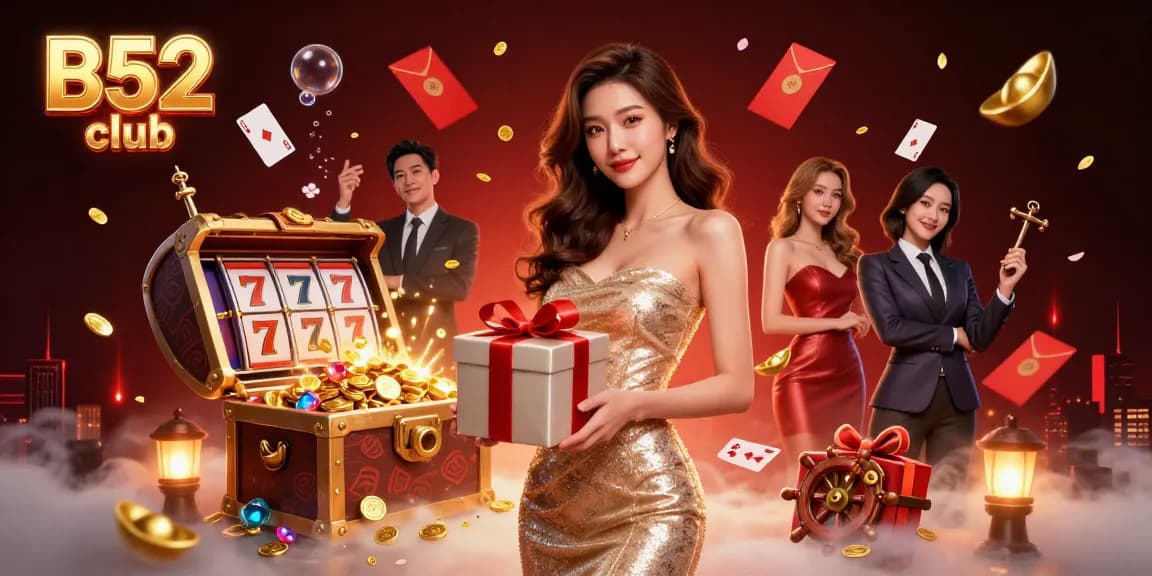 B52 club presents a festive casino scene with a welcoming Asian woman and vibrant gaming elements.