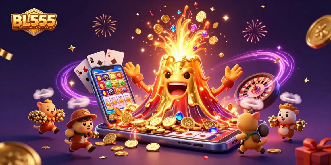 Win big with BL555 in this vibrant 3D casino scene featuring treasures and games.