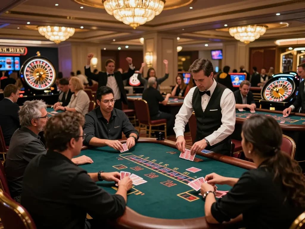 Players engaging in an exciting game of blackjack amid the vibrant atmosphere at da88hq casino.