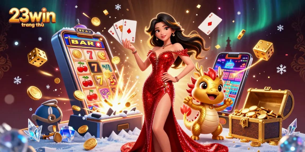 Experience the excitement of gaming at 23win trang chủ with a stunning casino illustration featuring a confident woman and dynamic elements.