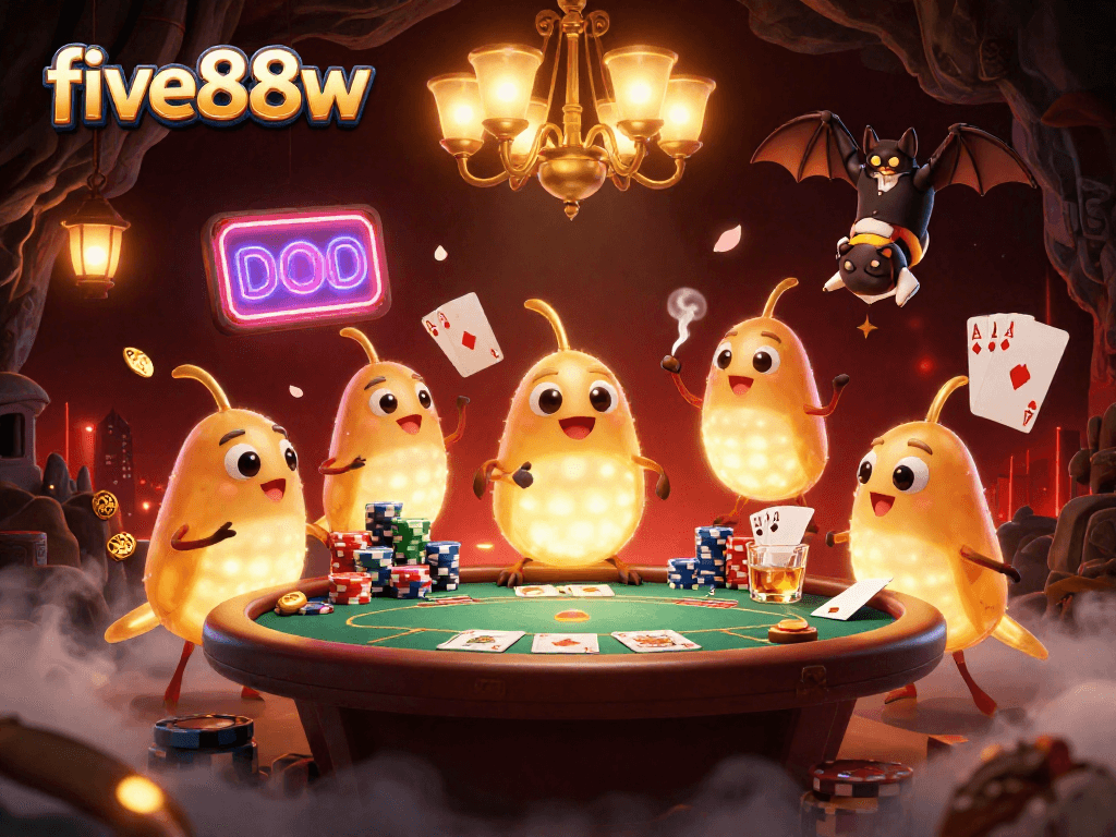 Five88w illuminates a vibrant cave casino with glowworms and a bat dealer.