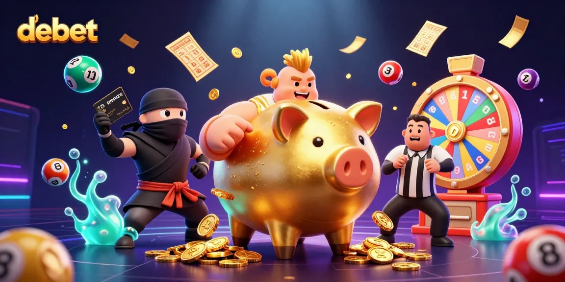 Engage with Debet's thrilling gaming experience as golden coins rain down in a vibrant 3D illustration.