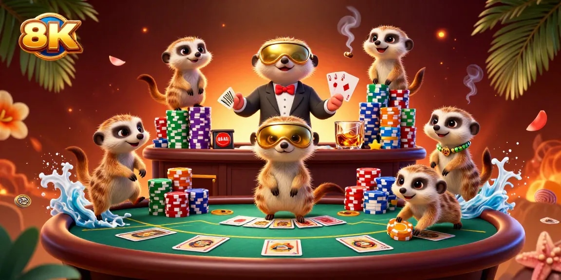 Engage with a lively meerkat casino operation featuring poker tables and towering chips at KU88.