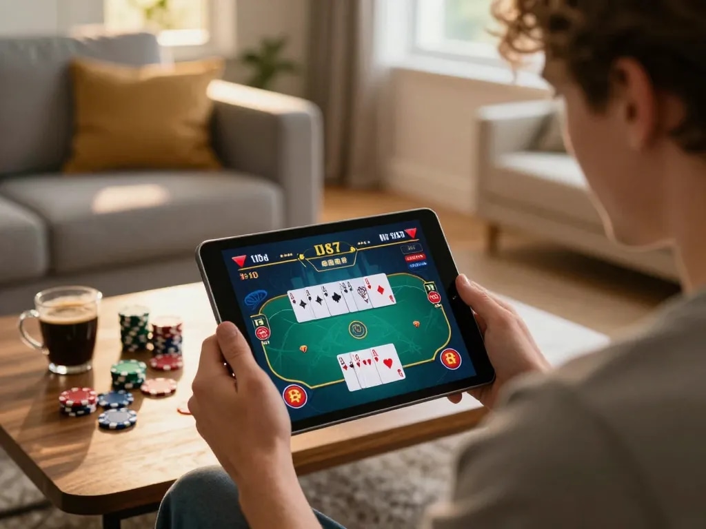 Engaged user playing online poker on okfun in cozy home setting, showcasing focused interaction.