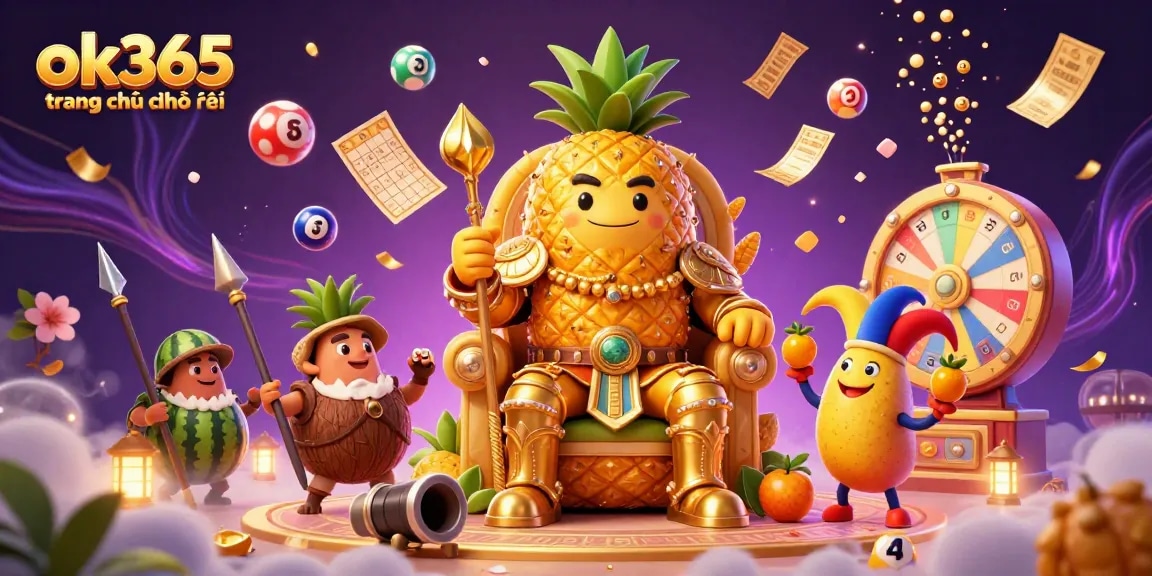 Engaging scene depicting ok365 trang chủ chính thức with a golden pineapple king and dynamic casino elements for an immersive gaming experience.