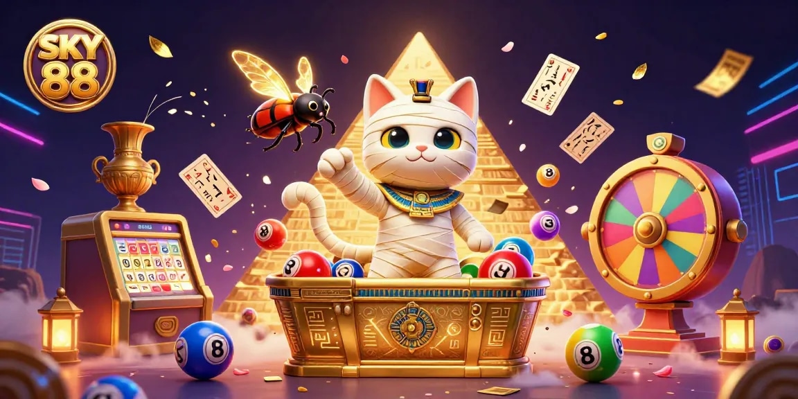 Engage with the vibrant SKY 88 casino scene featuring a playful Egyptian mummy cat and interactive gaming elements.