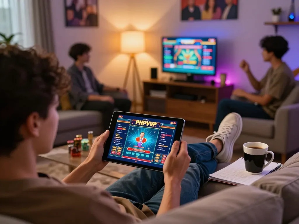 Engaged player enjoying PHPVIP online games on a tablet in a cozy home setting.