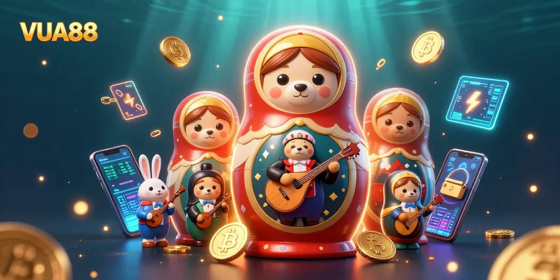 Experience the vibrant world of VUA88 with a playful scene of casino-themed characters and crypto elements.