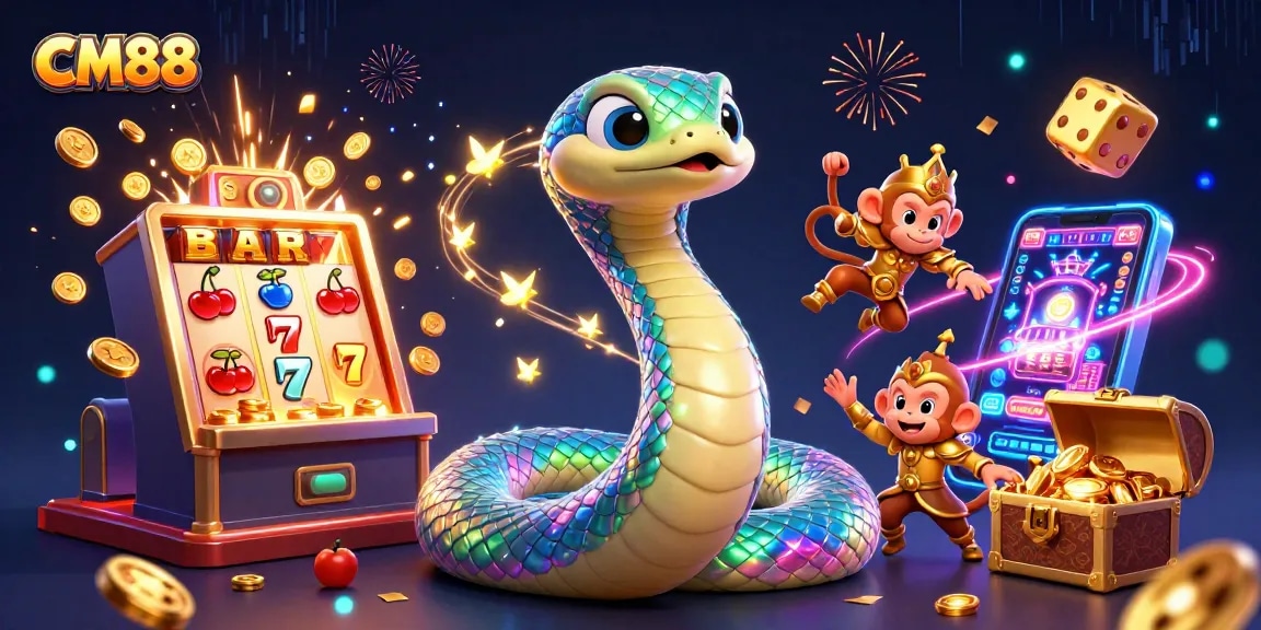 Win big with CM88's vibrant gaming scene featuring exciting slot machines and treasures.