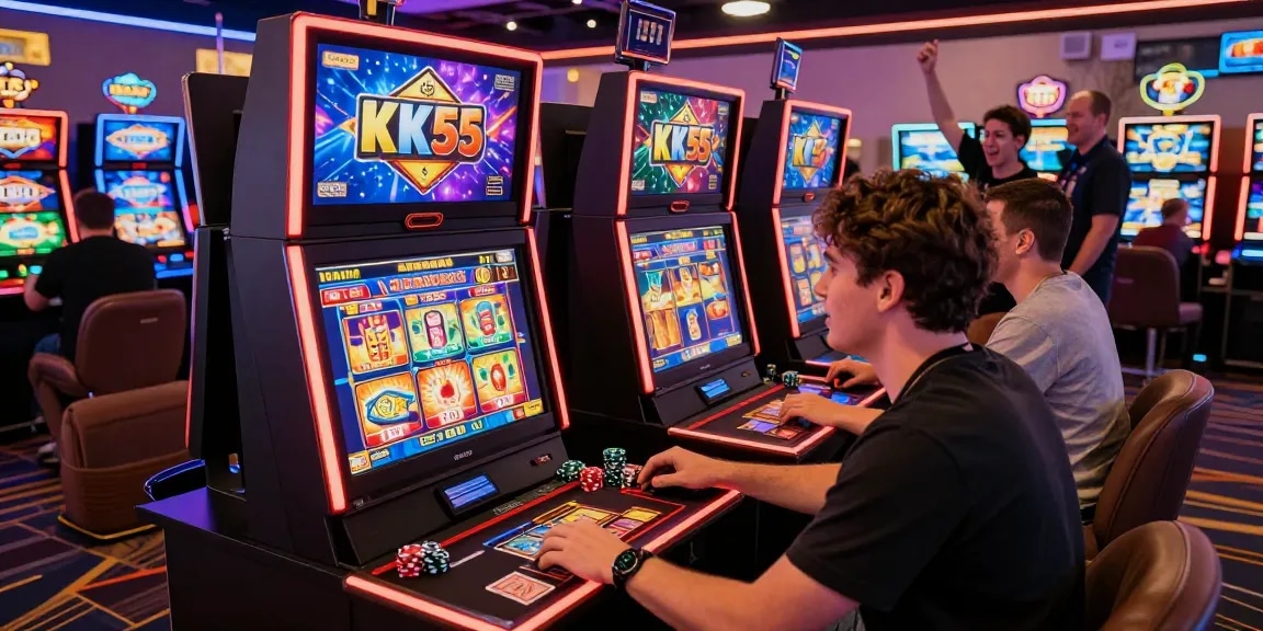 Player enjoying an exhilarating game at KK55 online casino surrounded by colorful visuals and lively ambiance.