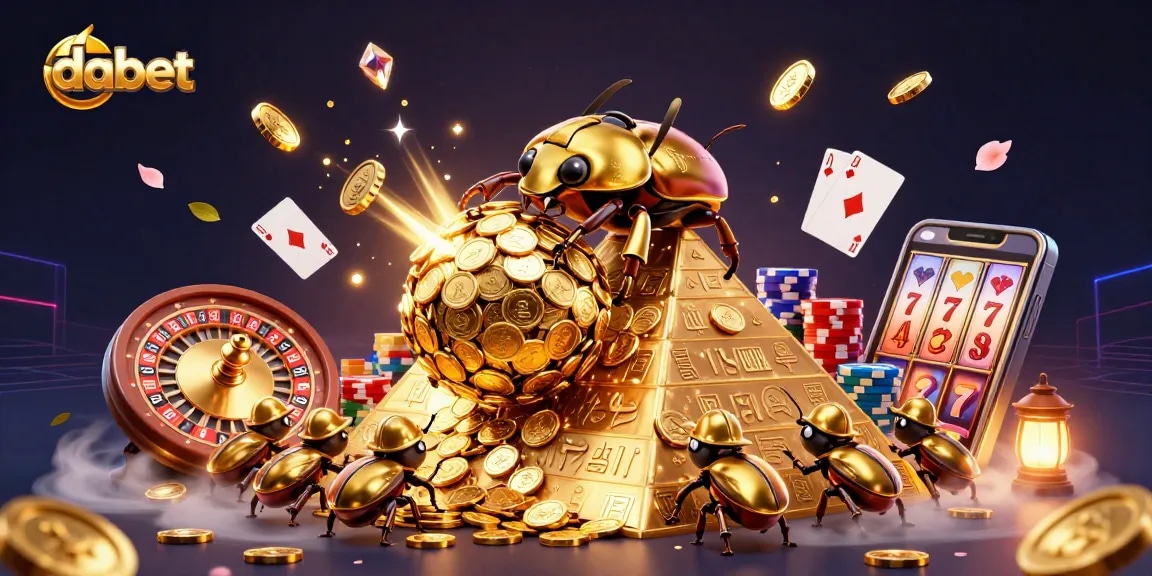 dabet showcases a golden beetle rolling a coin ball up a pyramid in a vibrant casino scene.