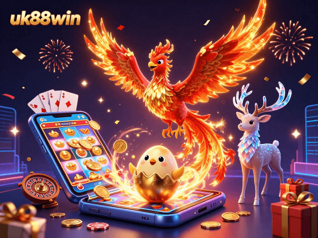 Spin reels and win big with uk88win's gaming magic in vibrant 3D illustration.