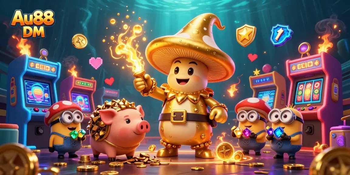 Experience the thrill at Au88 DM with golden mushroom wizard and colorful casino elements.