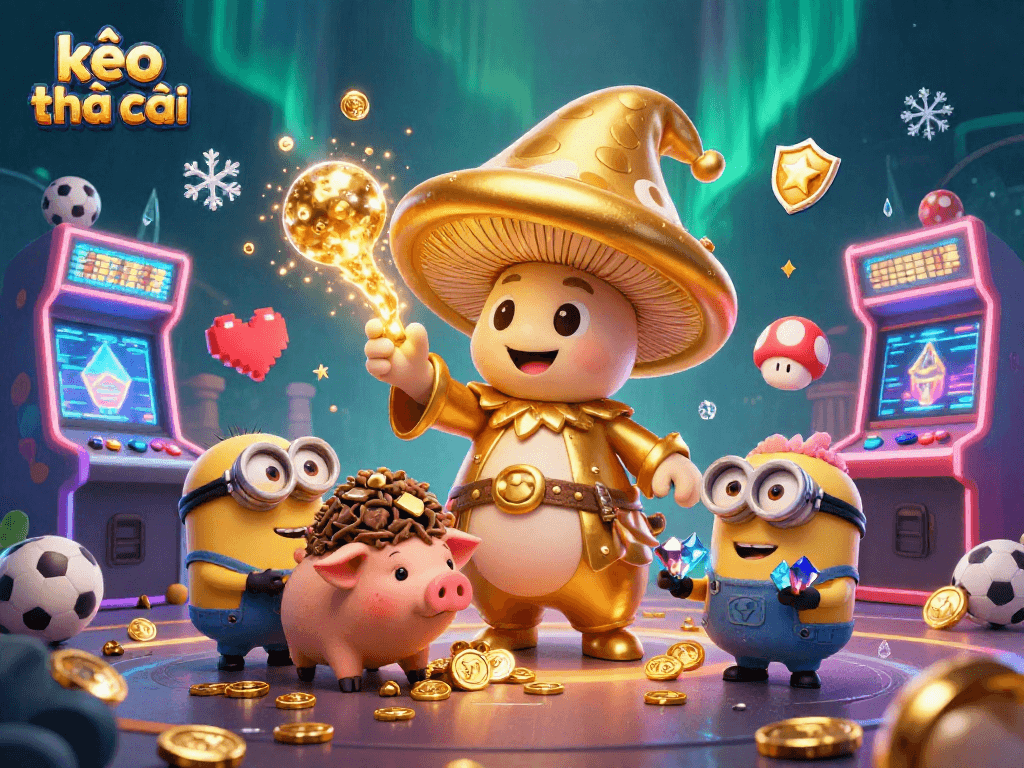 Engage with kèo nhà cái as a golden wizard and his treasure-hunting pig create a magical sports betting scene.