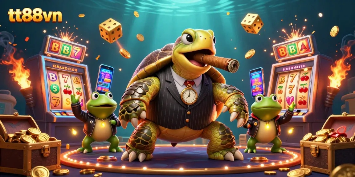 Engage with the tt88vn vibrant casino scene featuring a snapping turtle and jackpot excitement.