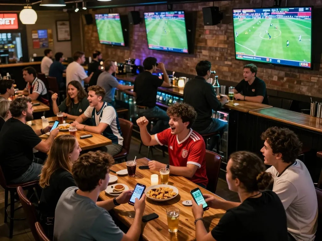 bóng đá hôm nay trực tiếp! Fans excitedly cheering and placing bets in a lively sports bar atmosphere.