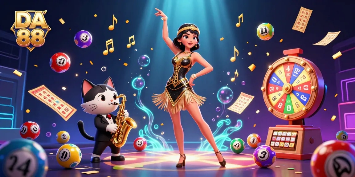 Experience the exciting world of DA 88 with vibrant lottery balls and a flapper dancer surrounded by casino elements.