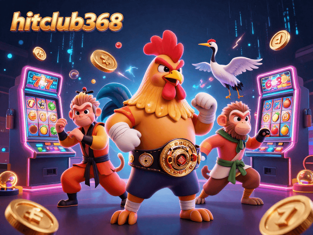 Hitclub368 showcases a vibrant casino scene with a Muay Thai rooster and colorful slot machine elements in action.