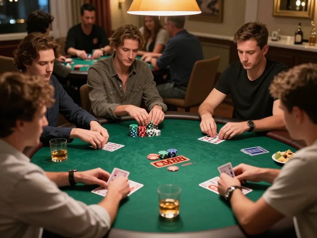 Players engaging in a strategic poker game at CM88 tables, showcasing intense focus and camaraderie.