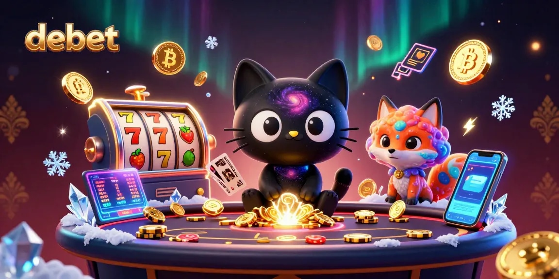 Engage with debet's cosmic casino, showcasing a black hole cat and nebula fox amidst slot reels and crypto coins.