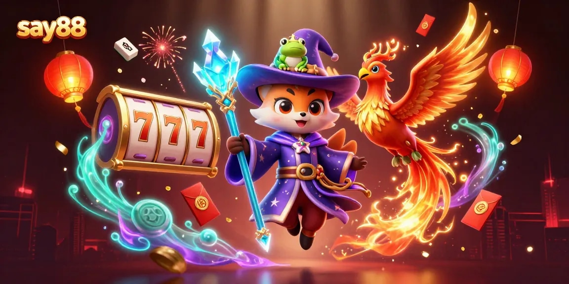 Experience thrilling gameplay with Say88's vibrant slots and captivating 3D elements in this enchanting illustration.