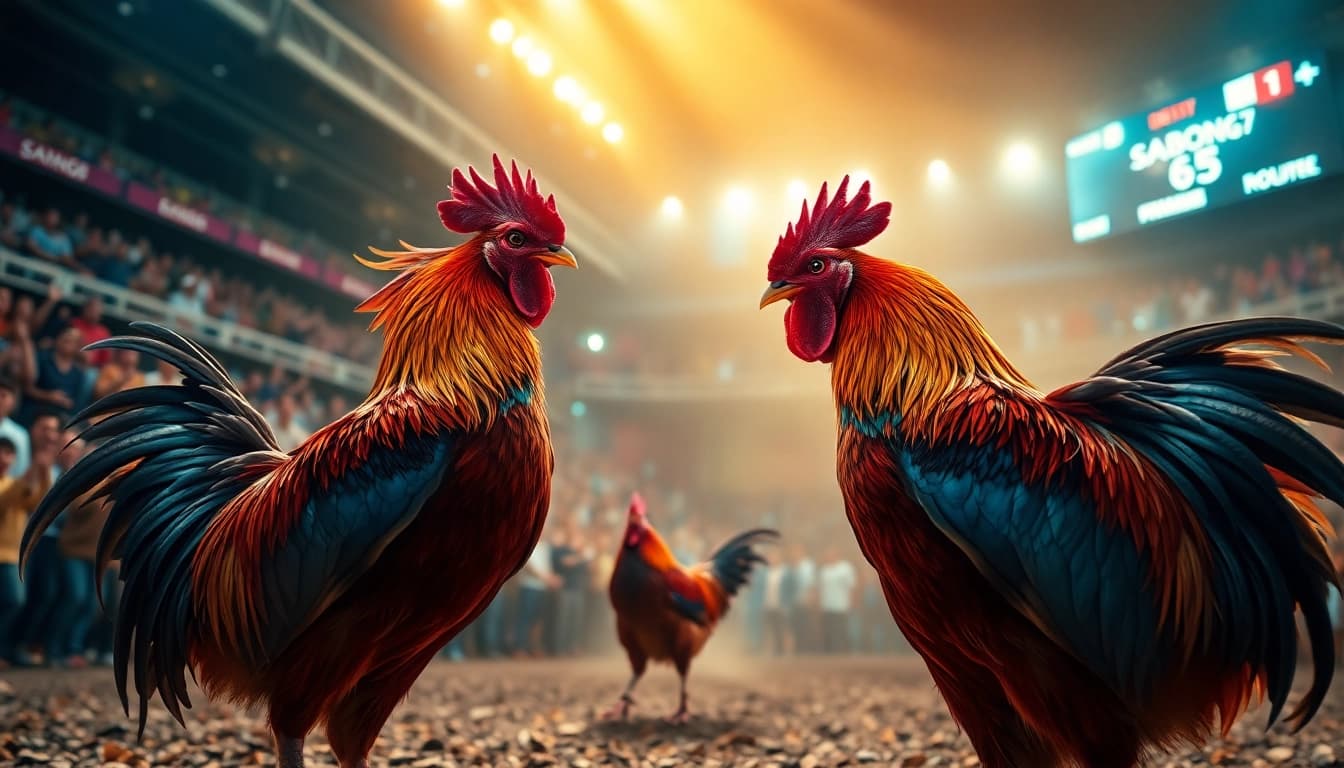 Exciting live cockfighting scene from sabong67.ac, showcasing fierce roosters in action with dramatic lighting.