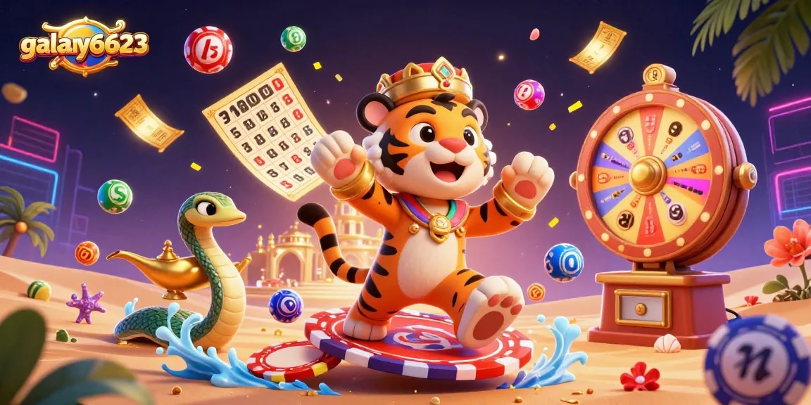 Experience the excitement of galaxy6623 with a tiger sultan on a magic carpet among dynamic gaming elements.