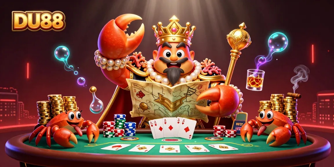 Experience the vibrant world of DU88 with a golden crab emperor leading a high-stakes poker scene.